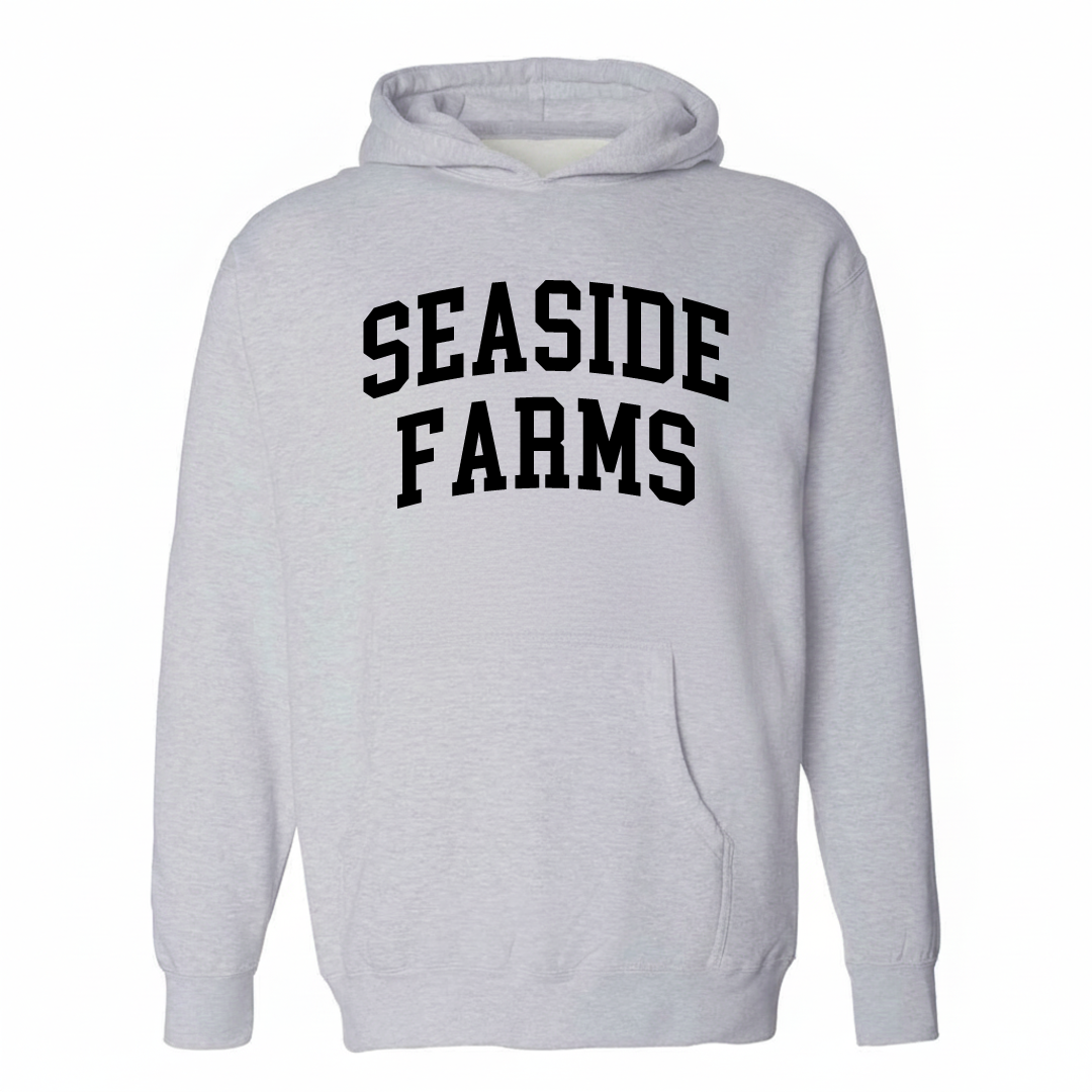 Heather-gray hoodie with the Seaside Farms varsity arched lettering design on the chest.