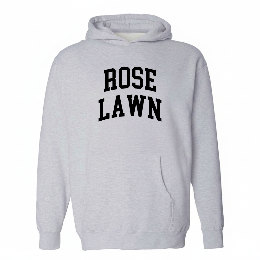 Heather-gray hoodie with the Rose Lawn varsity arched lettering design on the chest.