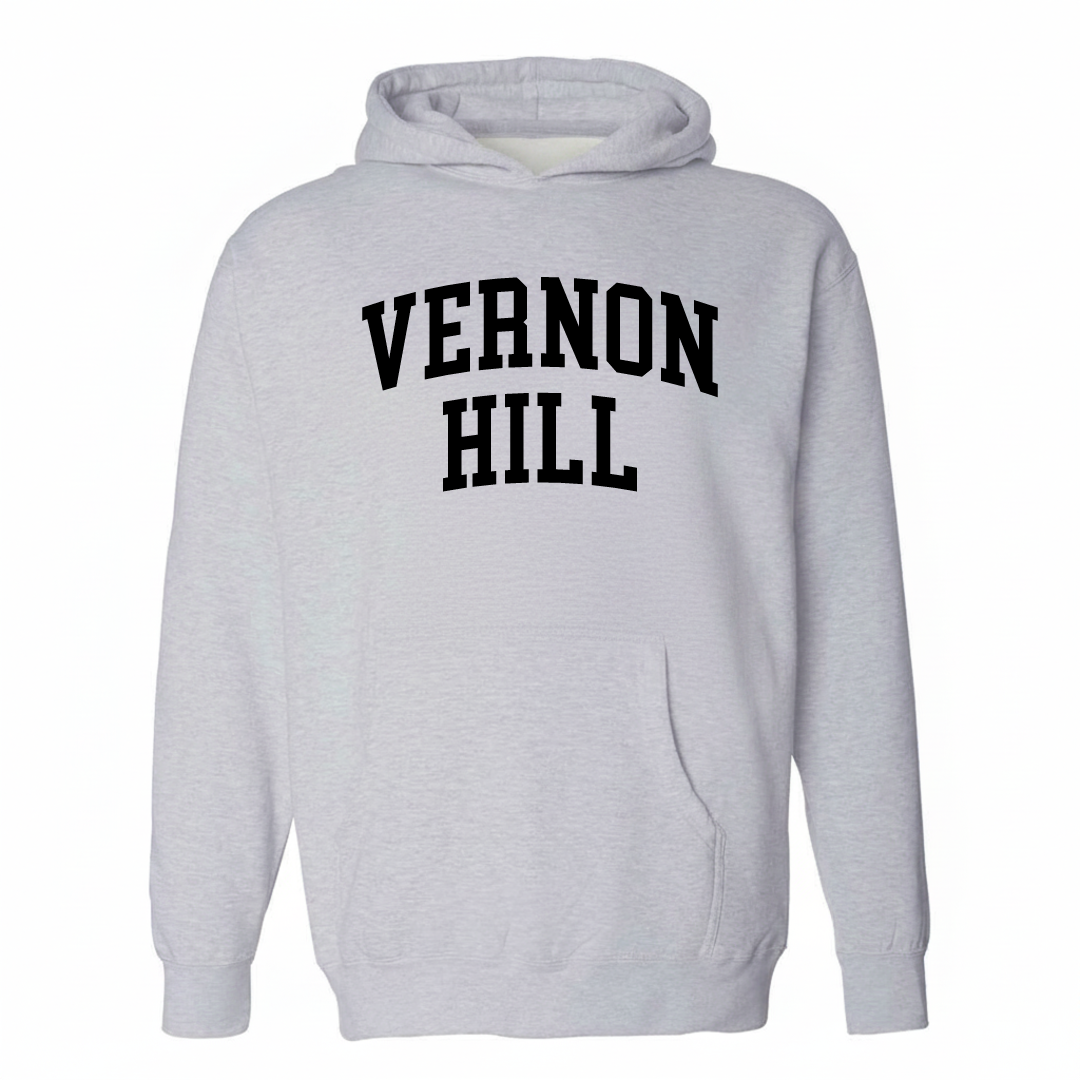 Heather-gray hoodie with the Vernon Hill arched lettering varsity-collegiate design on the chest.
