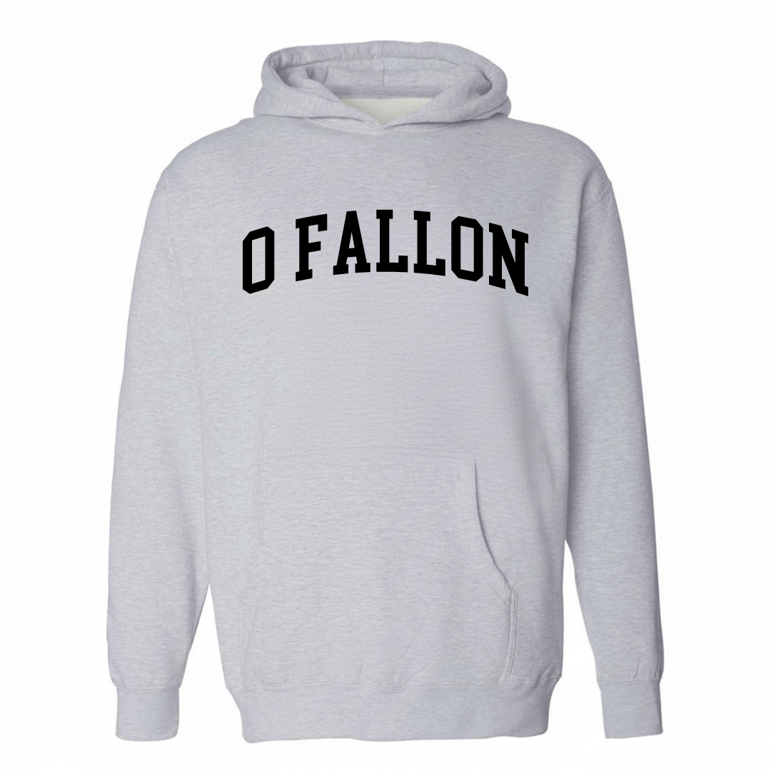 Heather-gray hoodie with the O'Fallon arched lettering varsity design on the chest.