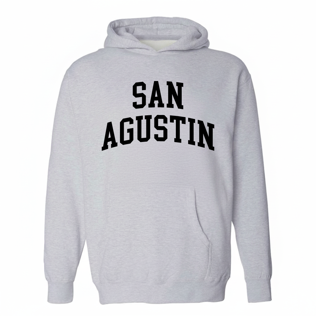 Heather-gray hoodie with the San Agustin varsity arched lettering design on the chest.
