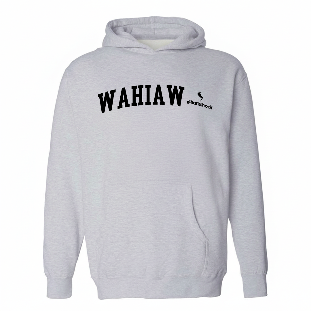 Heather-gray hoodie with the Wahiawā varsity arched lettering design on the chest.