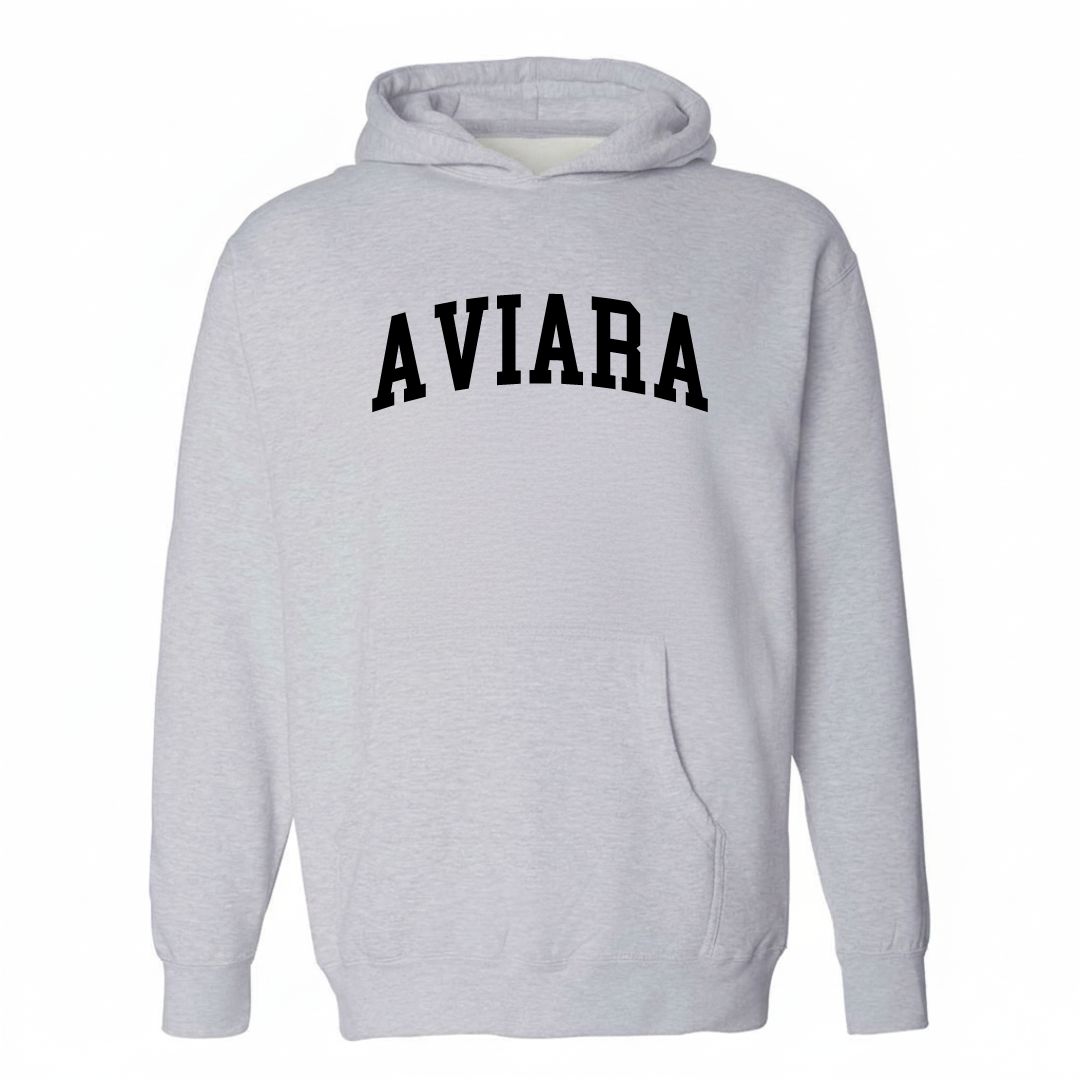 Heather-gray hoodie with the Aviara arched lettering design on the chest.