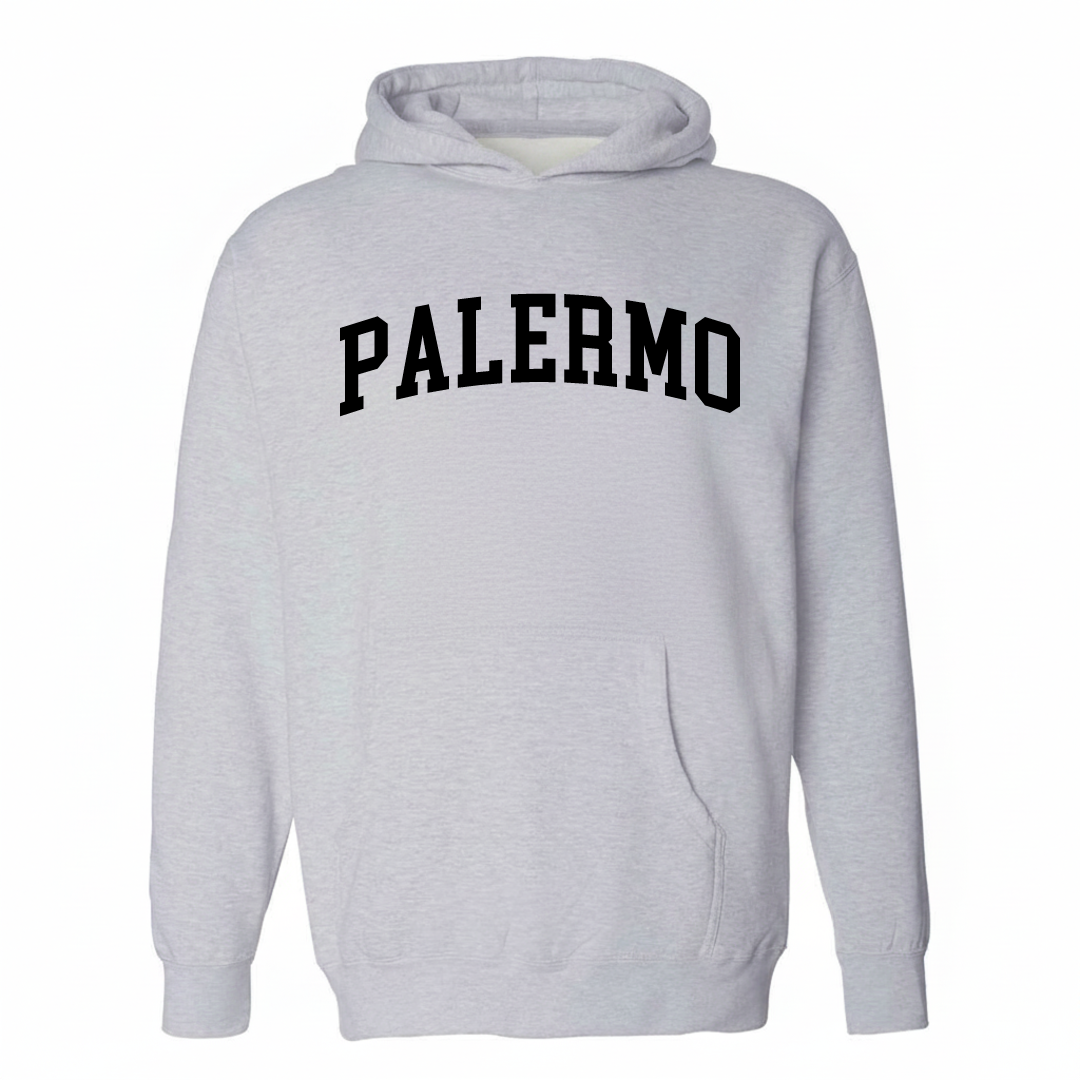 Heather-gray hoodie with the Palermo arched varsity lettering design on the chest.