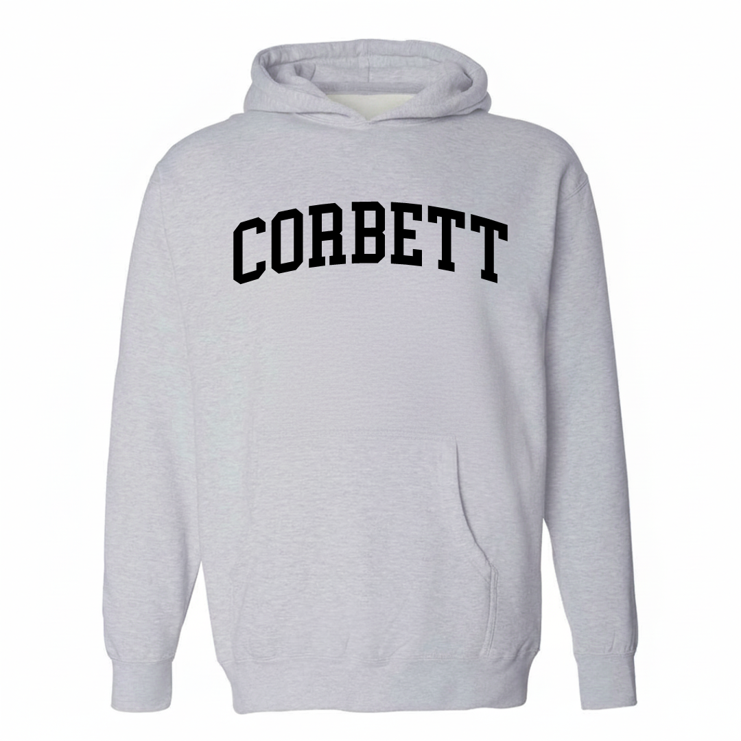 Heather-gray hoodie with the Corbett arched lettering design on the chest.
