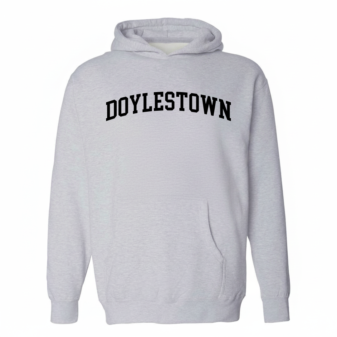 Heather-gray hoodie with the Doylestown arched lettering varsity-collegiate design on the chest.