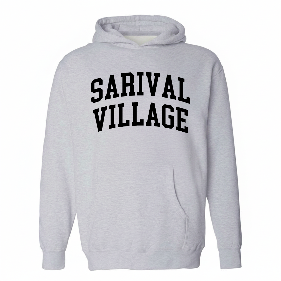 Heather-gray hoodie with the Sarival Village varsity arched lettering design on the chest.