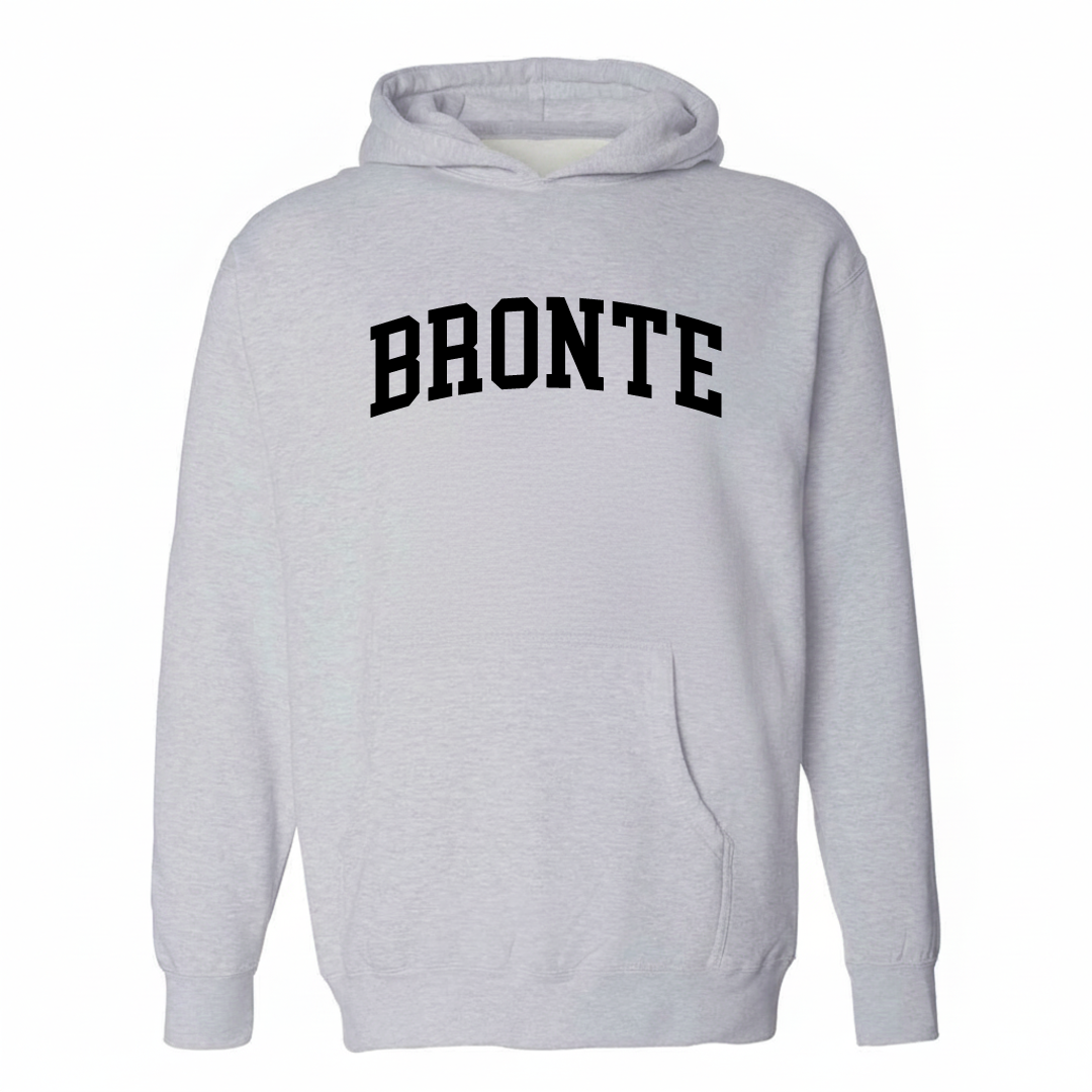 Heather-gray hoodie with the Bronte, TX varsity arched lettering design on the chest.