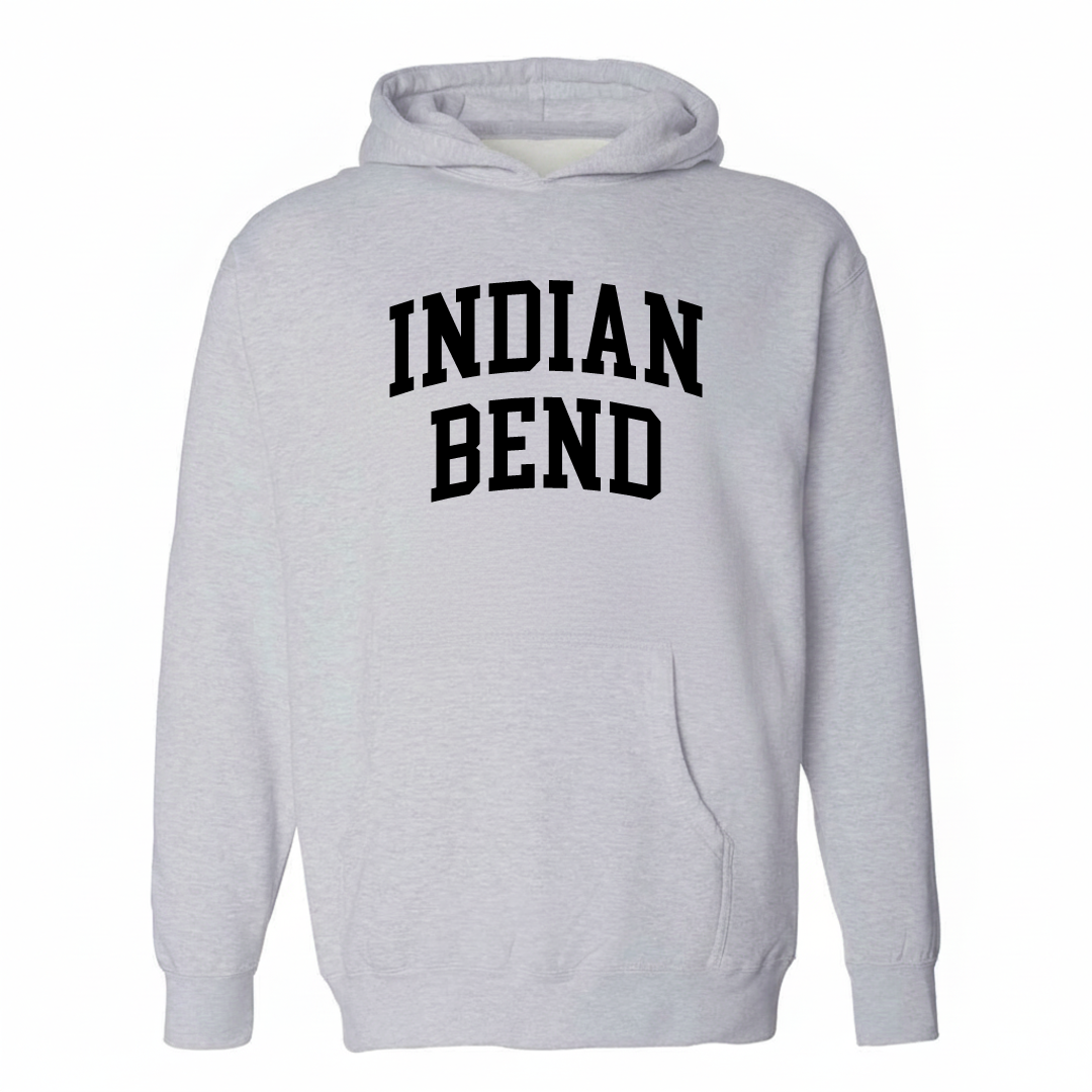 Heather-gray hoodie with the Indian Bend varsity arched lettering design on the chest.
