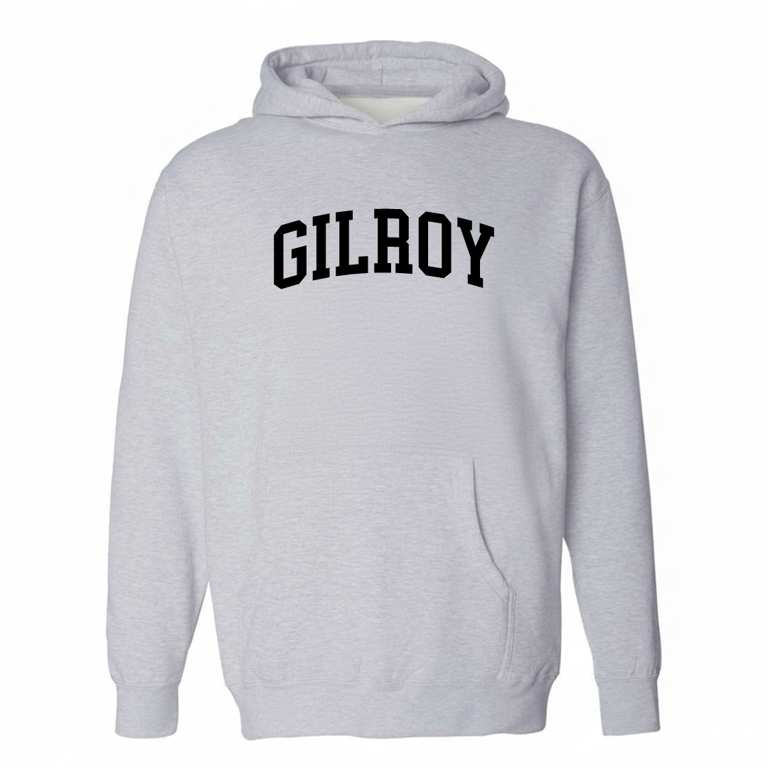 Heather-gray hoodie with the Gilroy arched varsity lettering design on the chest.