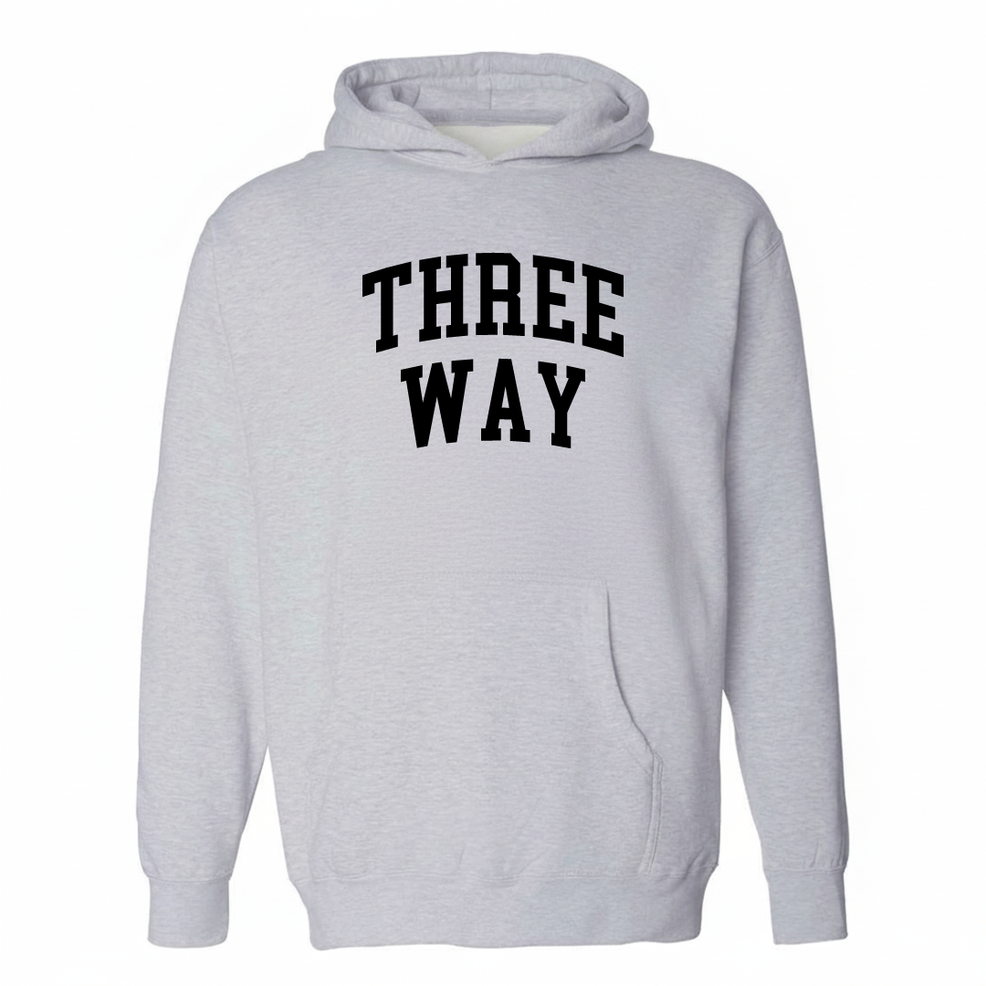 Heather-gray hoodie with the Three Way arched lettering varsity-collegiate design on the chest.