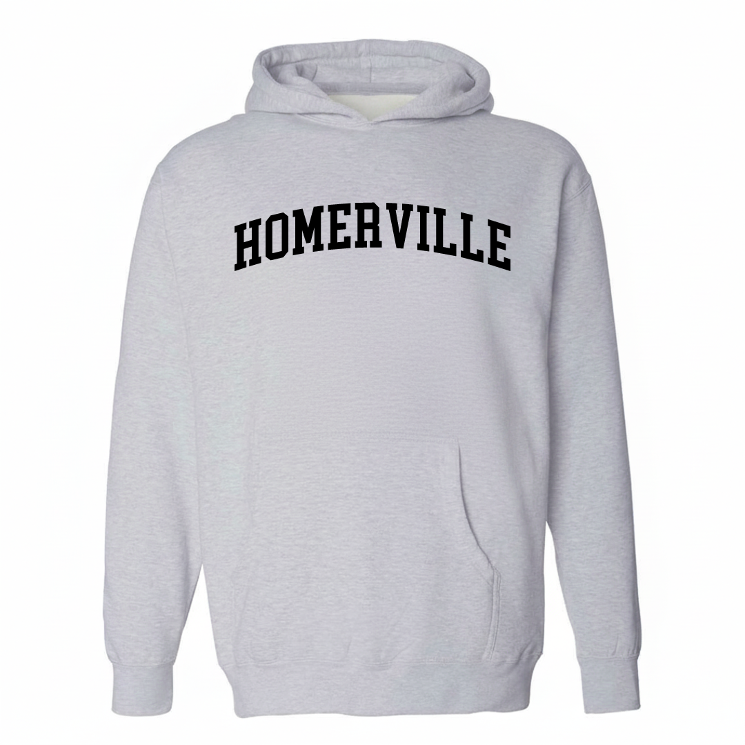Heather-gray hoodie with the Homerville varsity arched lettering design on the chest.