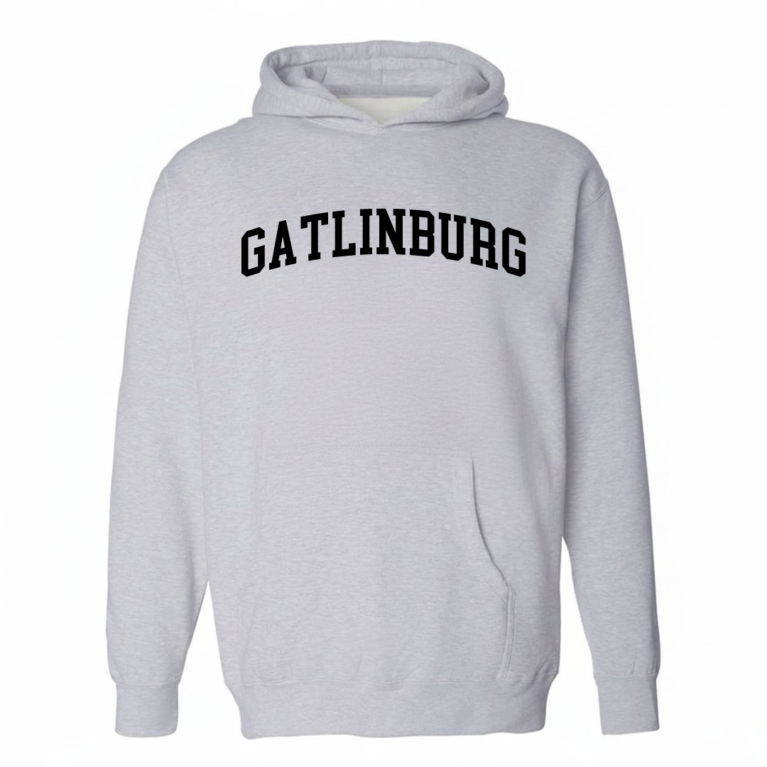 Heather-gray hoodie with the Gatlinburg arched lettering design on the chest.