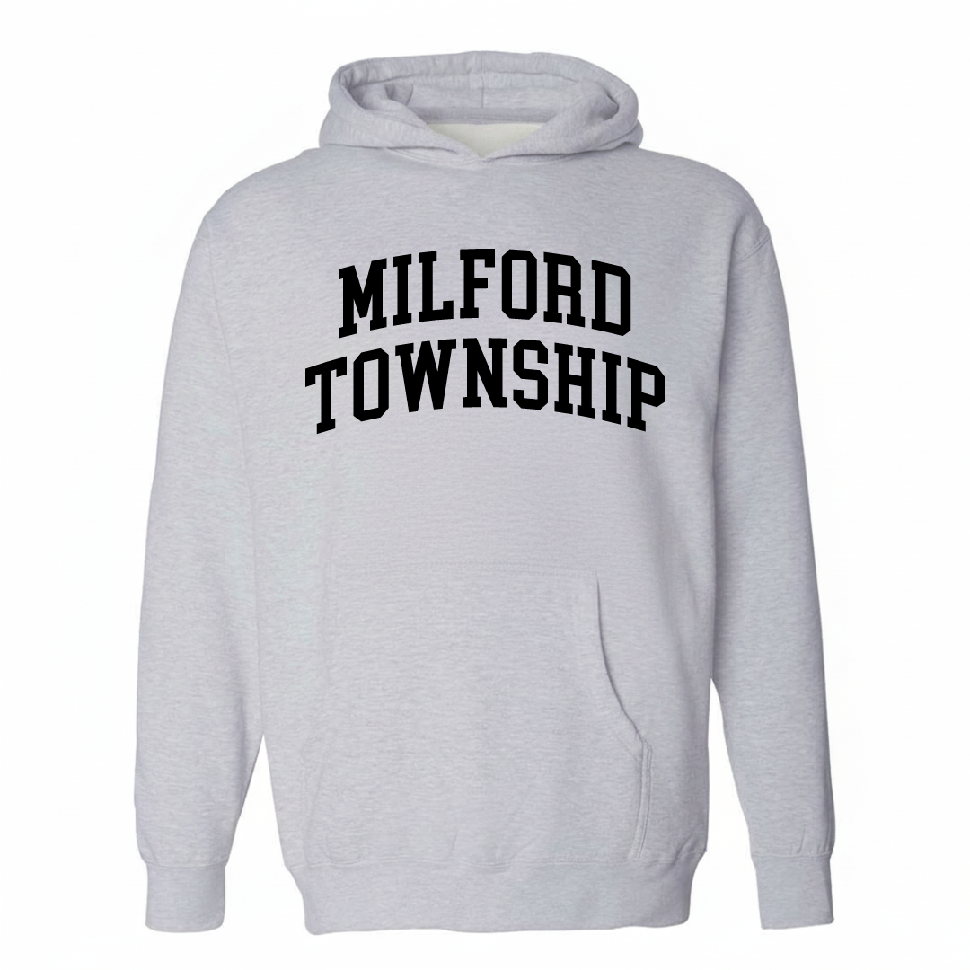 Heather-gray hoodie with the Milford Township varsity arched lettering design on the chest.