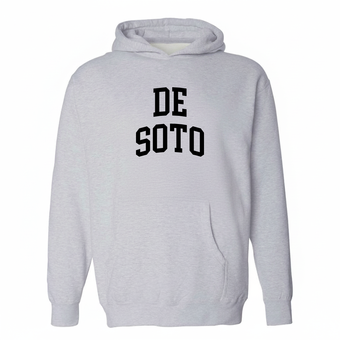 Heather-gray hoodie with the De Soto varsity arched lettering design on the chest.