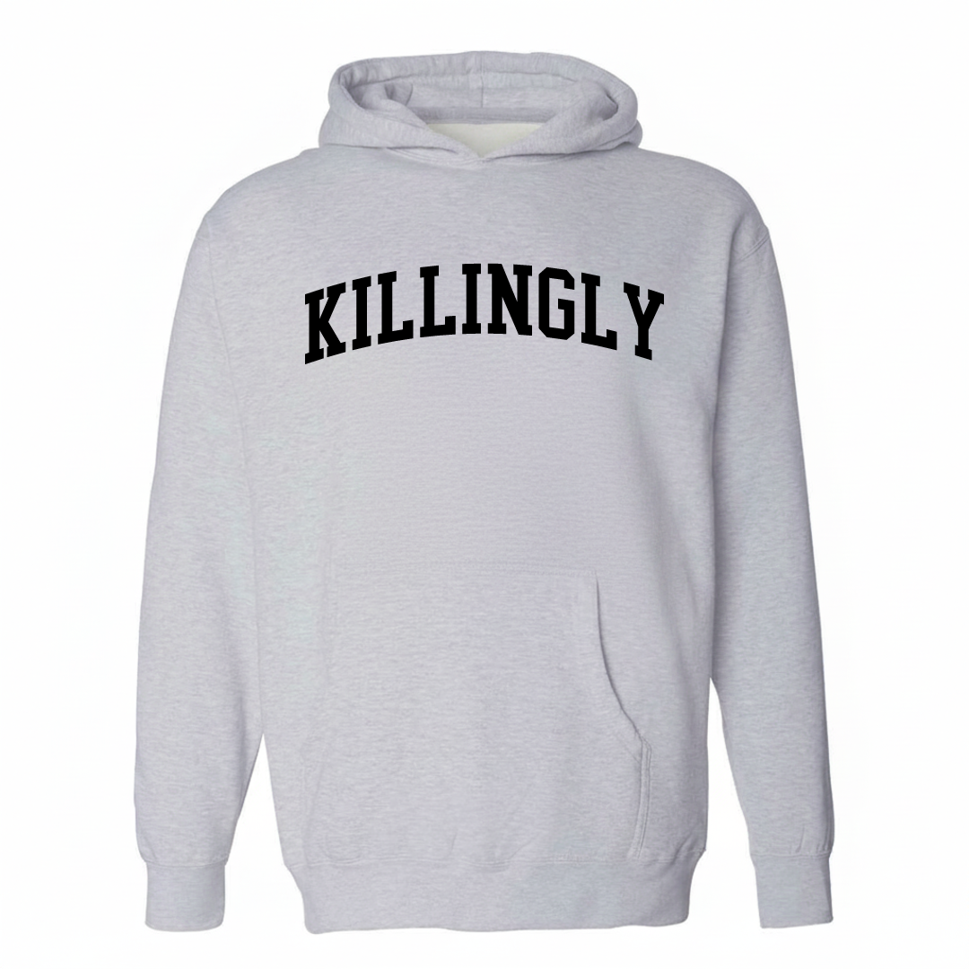 Heather-gray hoodie with the Killingly varsity arched lettering design on the chest.