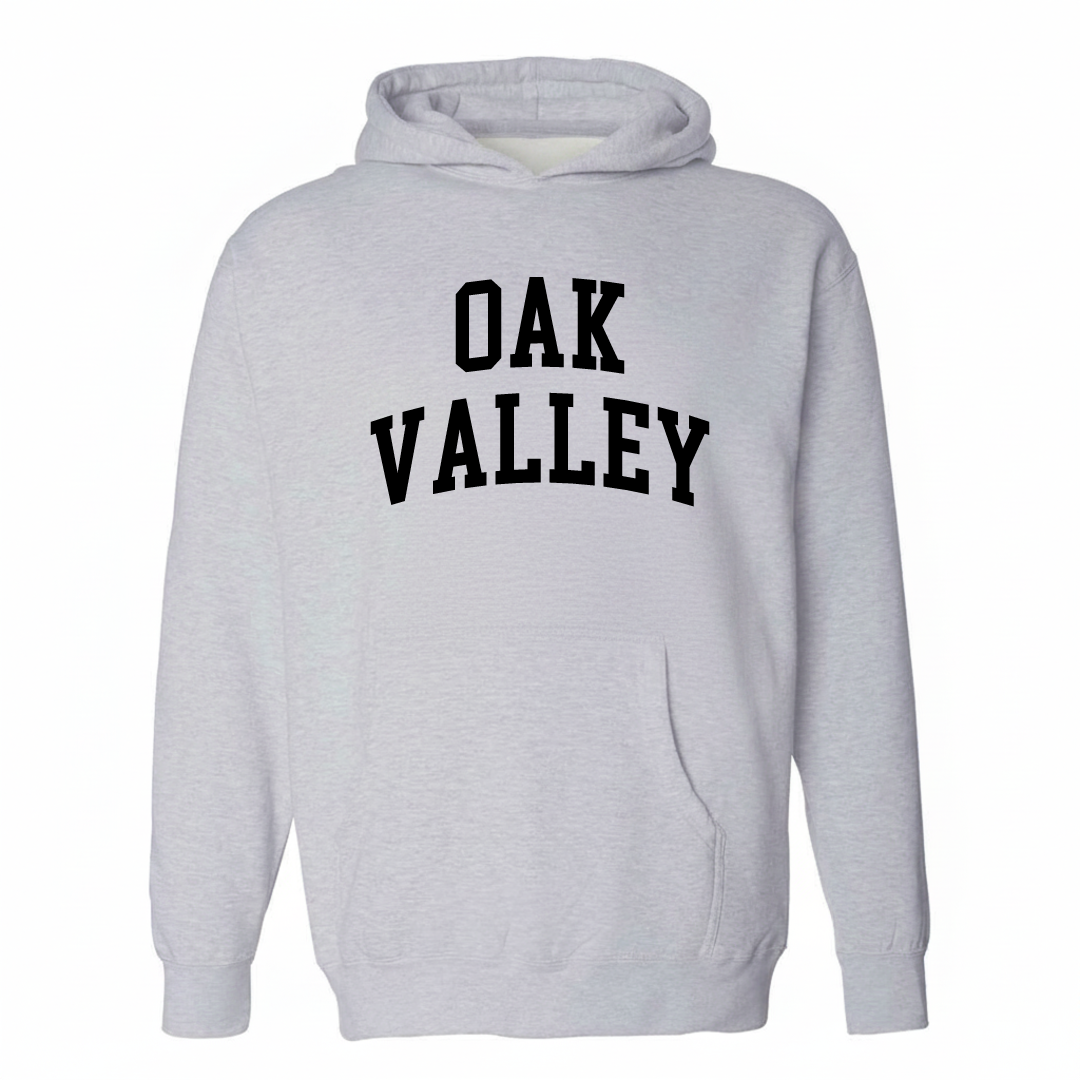Heather-gray hoodie with the Oak Valley varsity arched lettering design on the chest.
