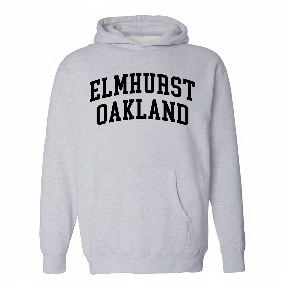 Heather-gray hoodie with the Elmhurst Oakland varsity arched lettering design on the chest.