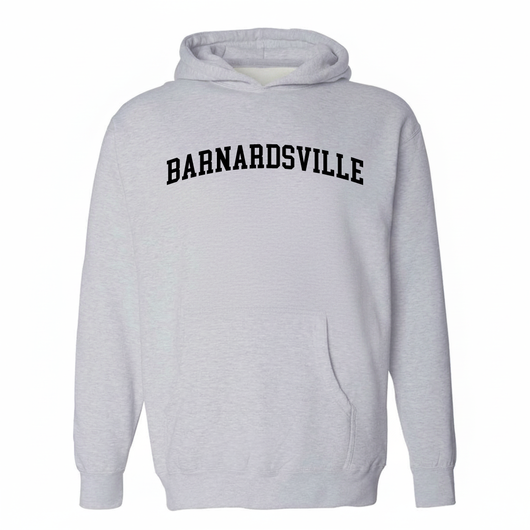 Heather-gray hoodie with the Barnardsville varsity arched lettering design on the chest.