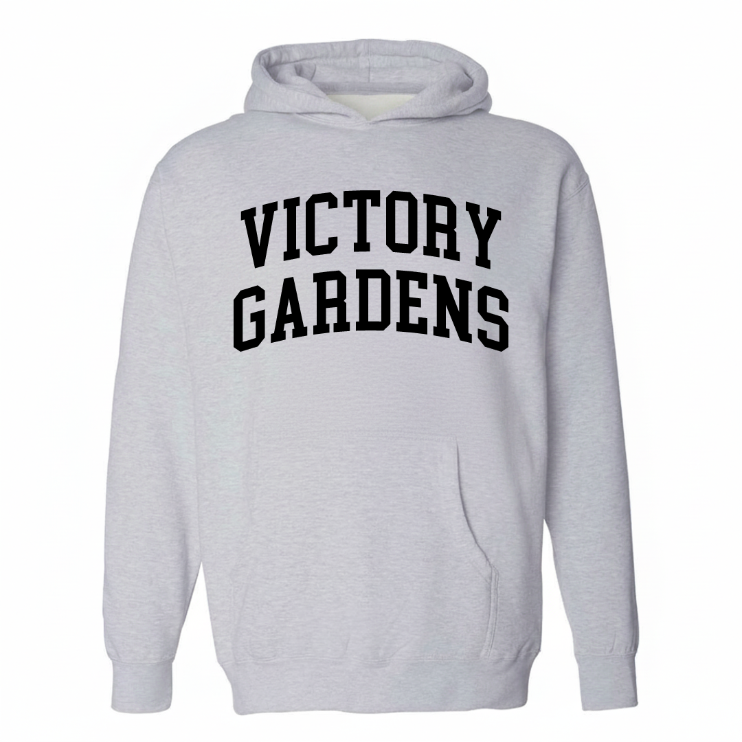Heather-gray hoodie with the Victory Gardens varsity arched lettering design on the chest.