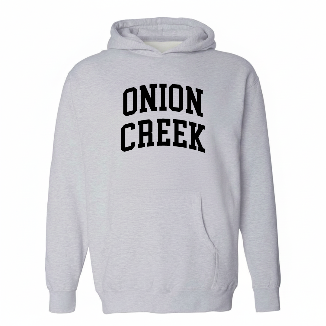 Heather-gray hoodie with the Onion Creek varsity arched lettering design on the chest.