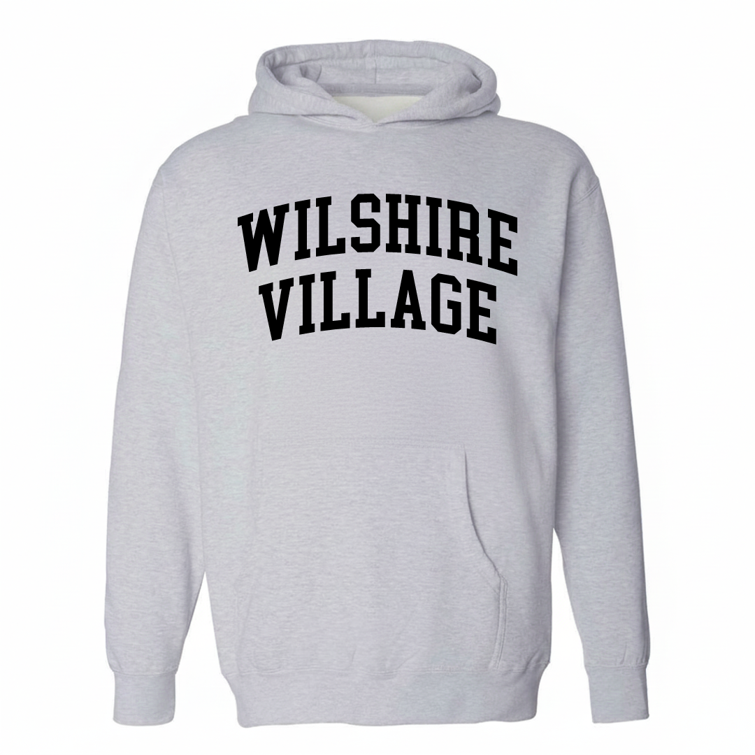 Heather-gray hoodie with the Wilshire Village varsity arched lettering design on the chest.