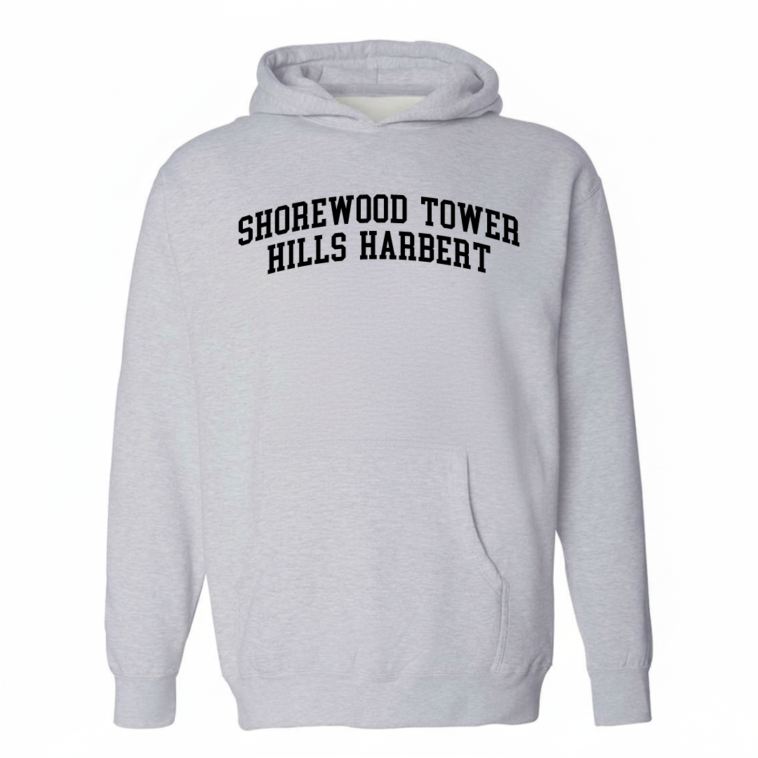 Heather-gray hoodie with the Shorewood-Tower Hills-Harbert varsity arched lettering design on the chest.