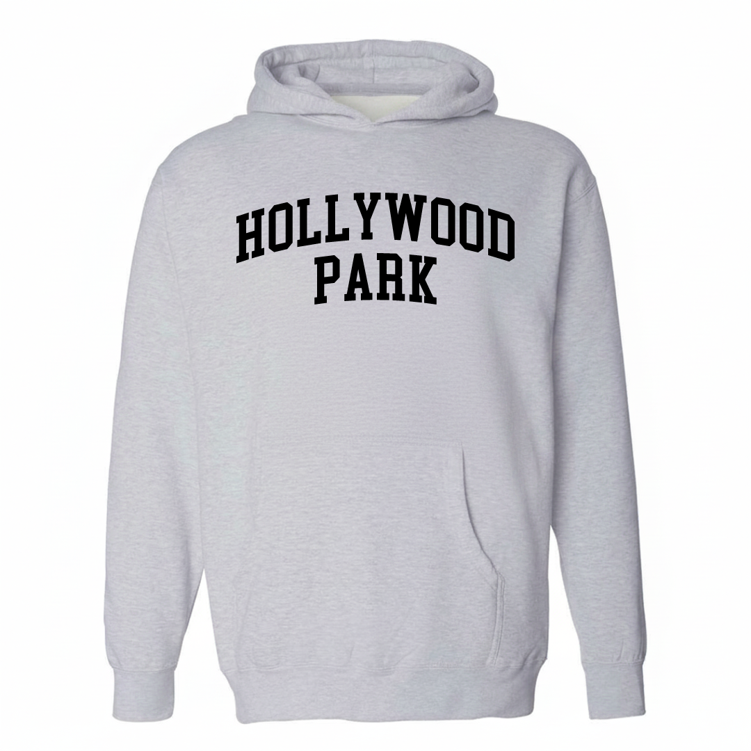 Heather-gray hoodie with the Hollywood Park arched lettering design on the chest.