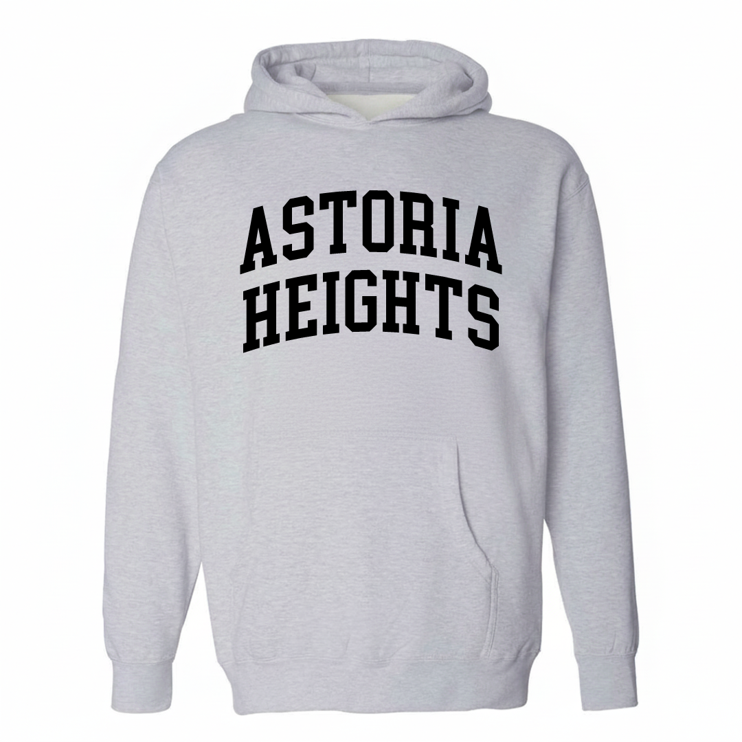 Heather-gray hoodie with the Astoria Heights varsity arched lettering design on the chest.