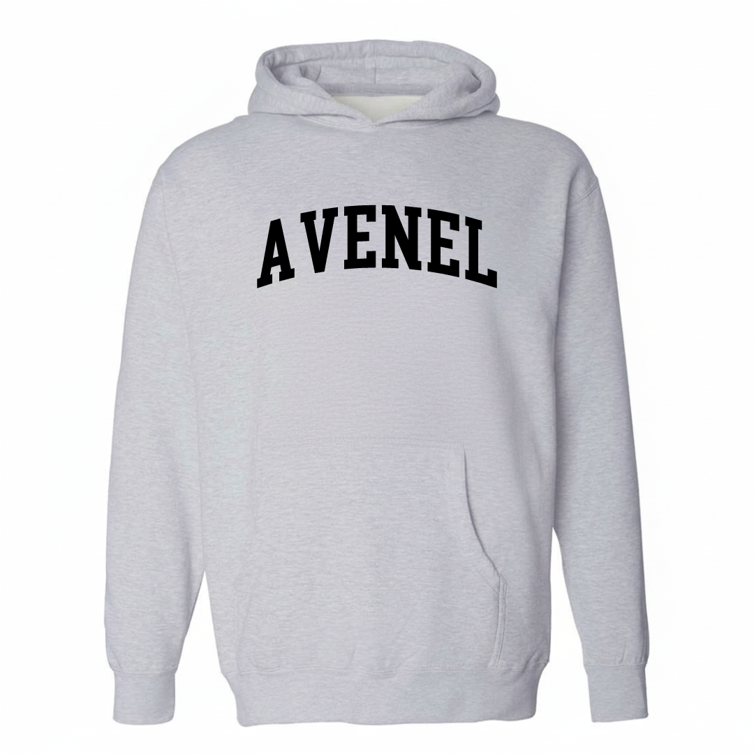 Heather-gray hoodie with the Avenel varsity arched lettering design on the chest.