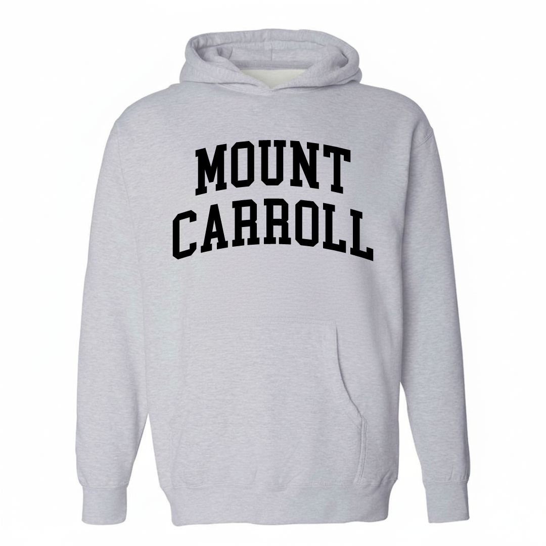 Heather-gray hoodie with the Mount Carroll arched varsity lettering design on the chest.