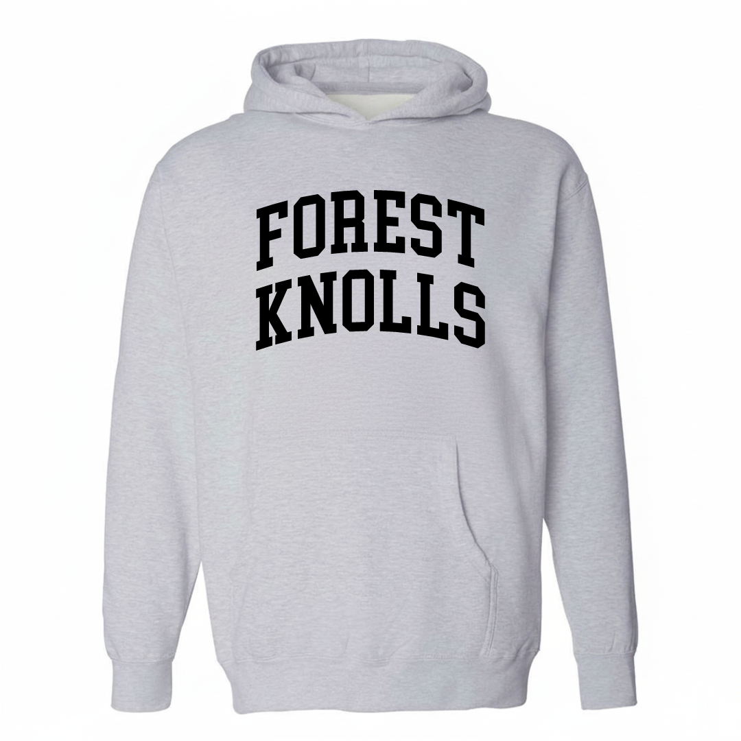 Heather-gray hoodie with the Forest Knolls varsity arched lettering design on the chest.