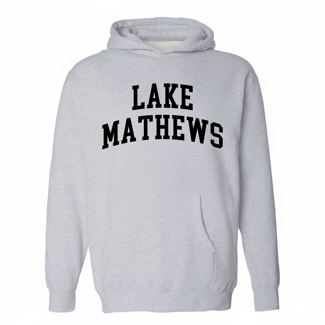 Heather-gray hoodie with the Lake Mathews varsity arched lettering design on the chest.