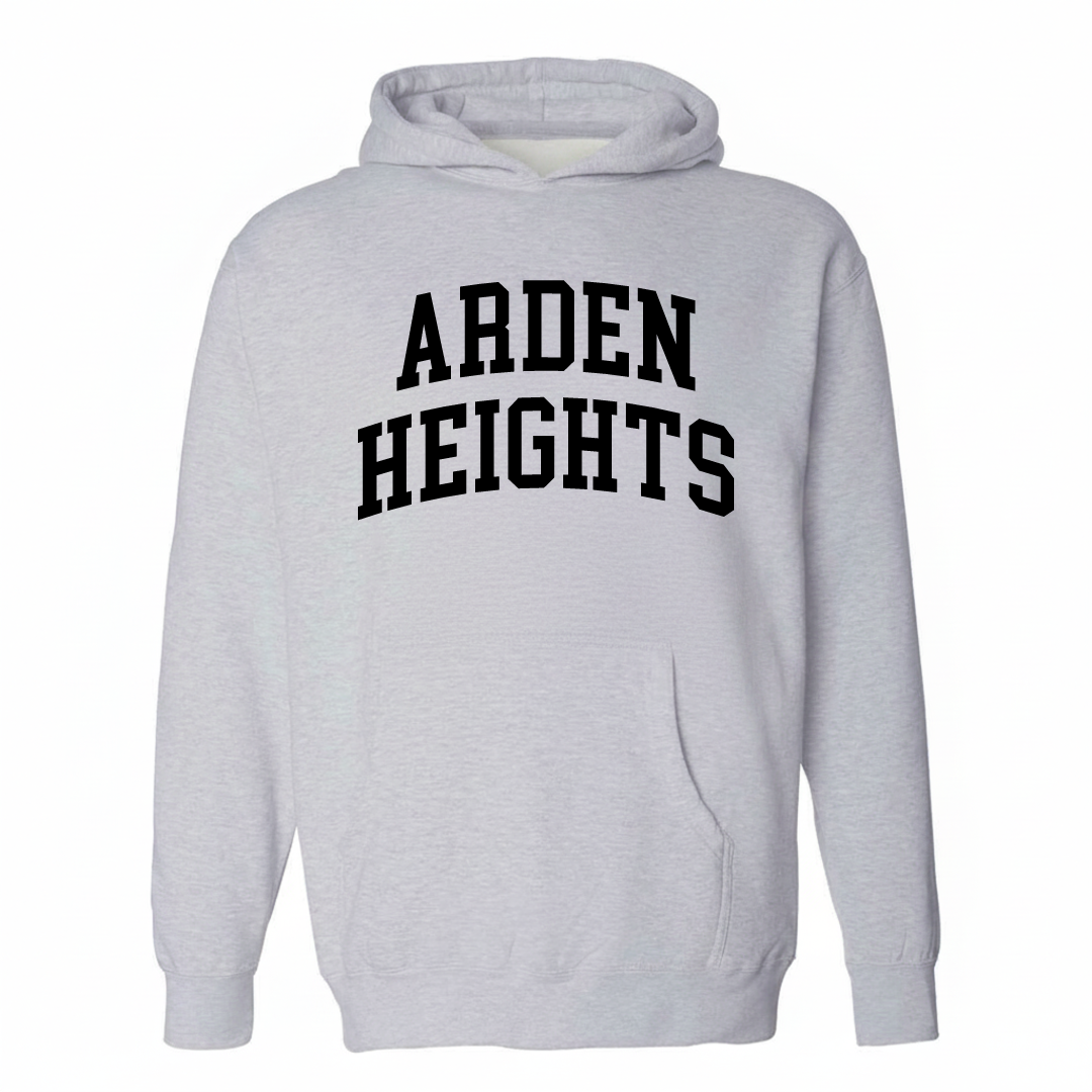 Heather-gray hoodie with the Arden Heights arched lettering design on the chest.