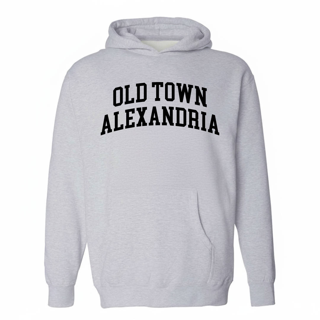 Heather-gray hoodie with the Old Town Alexandria varsity arched lettering design on the chest.