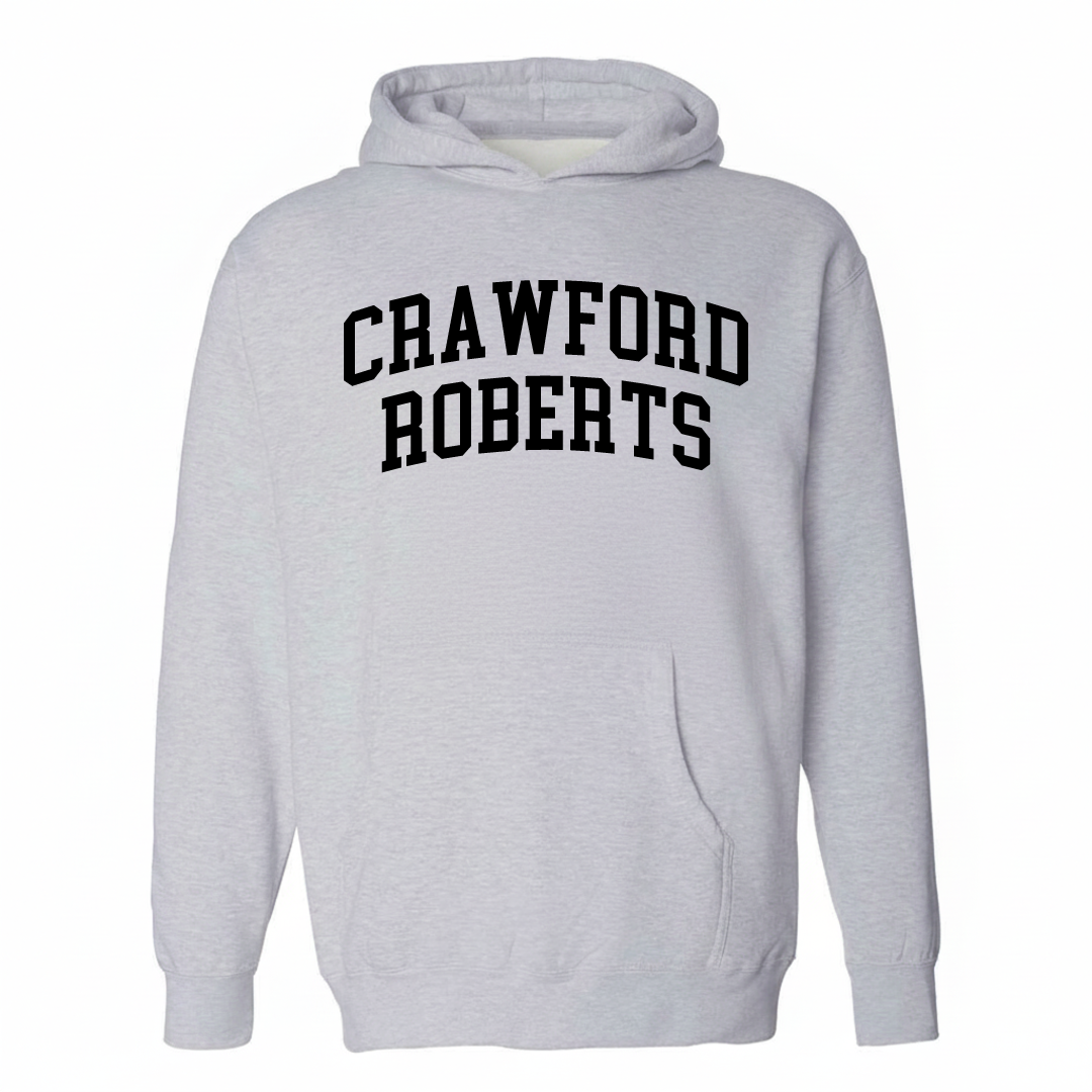 Heather-gray hoodie with the Crawford-Roberts varsity arched lettering design on the chest.
