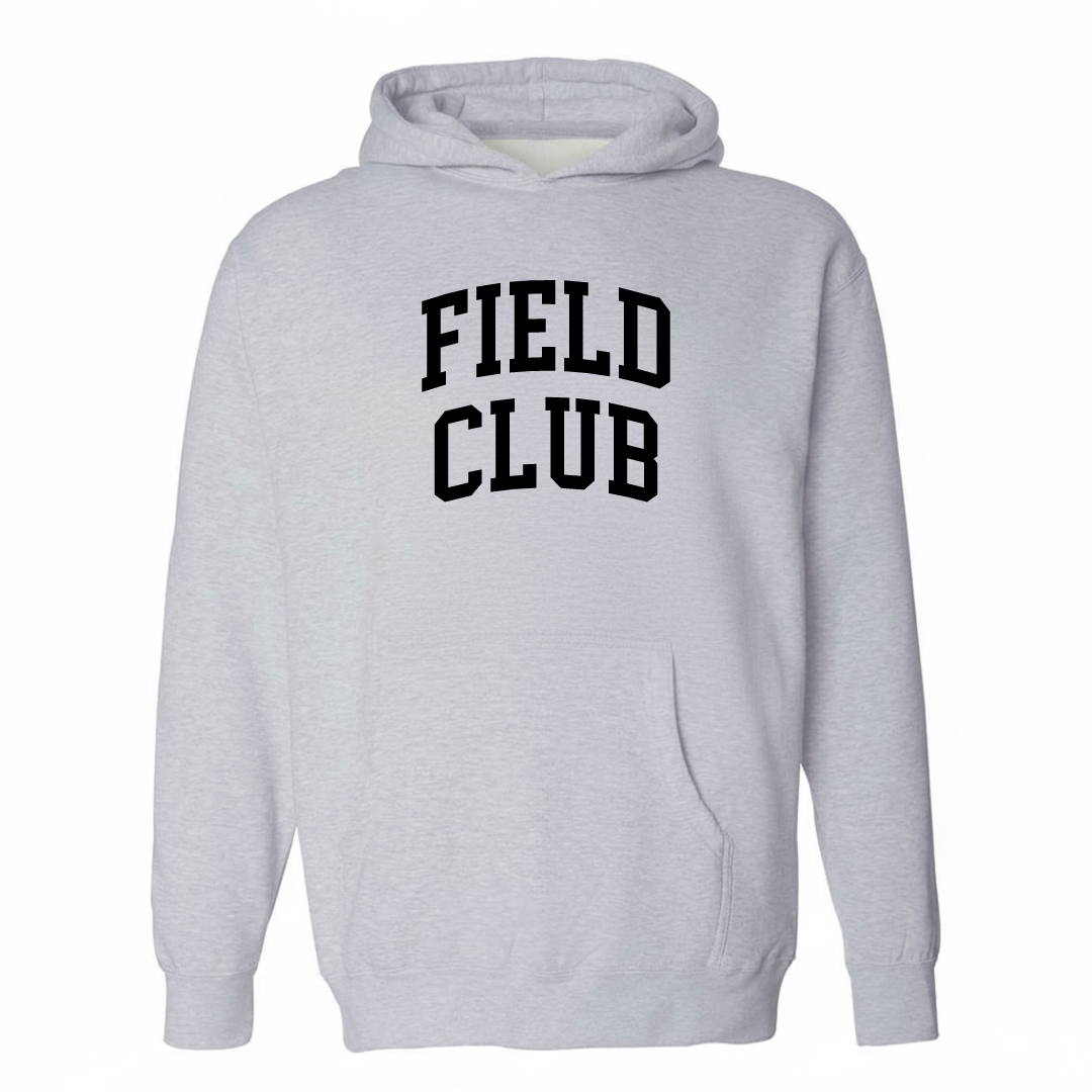 Heather-gray hoodie with the Field Club arched lettering design on the chest.