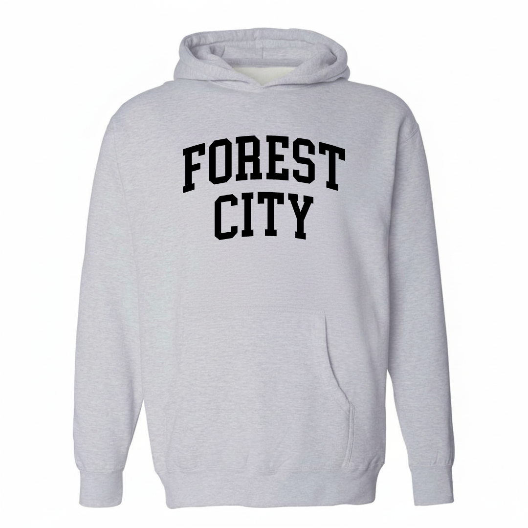 Heather-gray hoodie with the Forest City varsity arched lettering design on the chest.