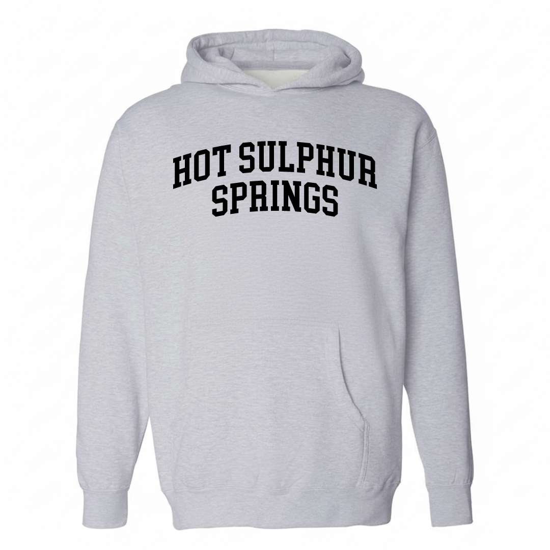Heather-gray hoodie with the Hot Sulphur Springs arched varsity lettering design on the chest.