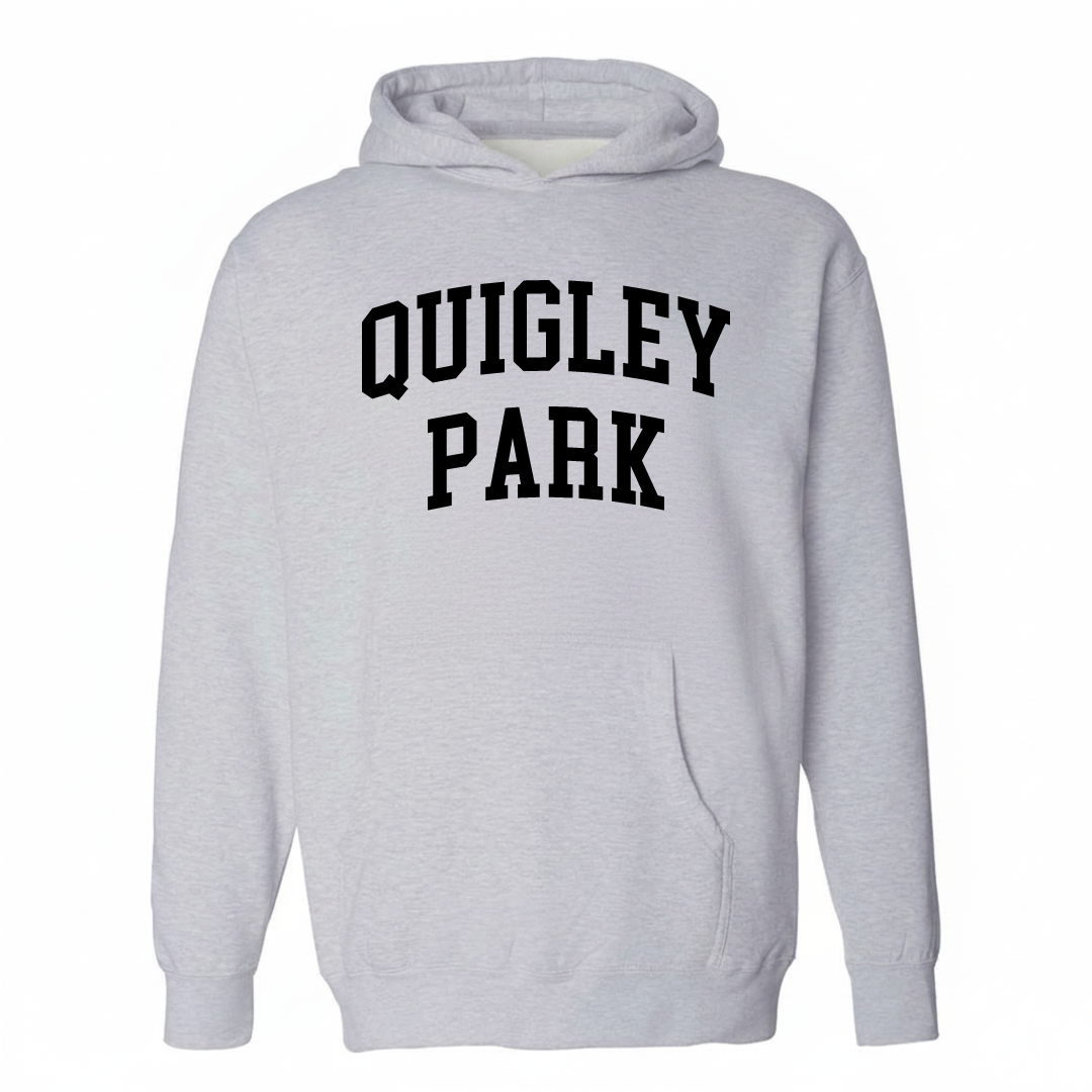 Heather-gray hoodie with the Quigley Park arched lettering design on the chest.