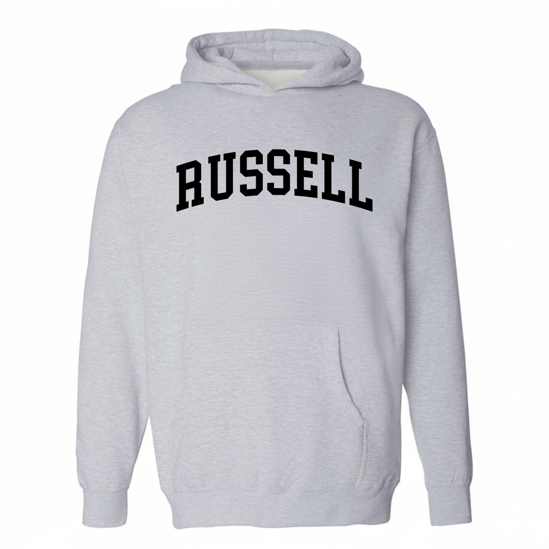 Heather-gray hoodie with the Russell varsity arched lettering design on the chest.