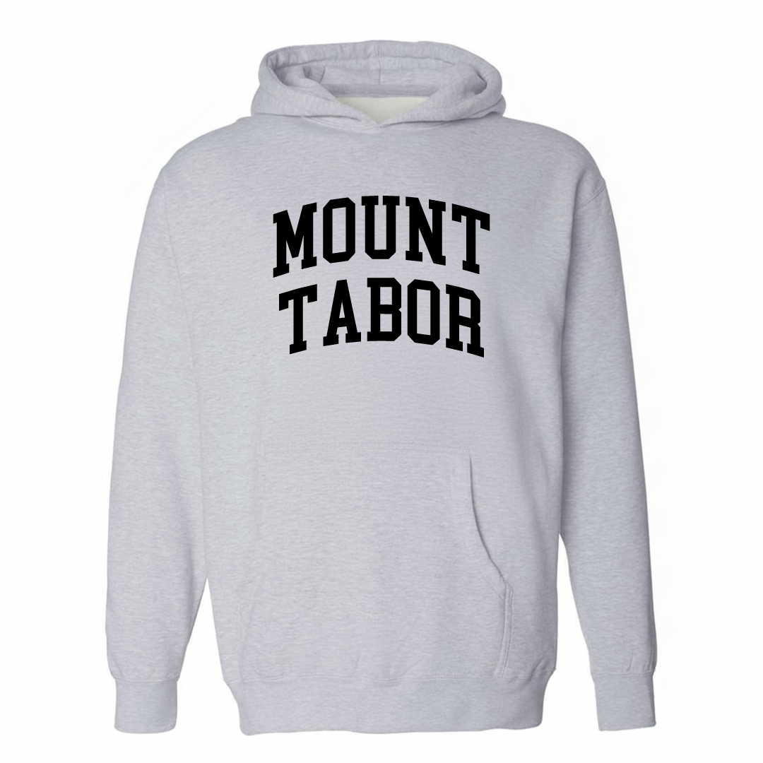 Heather-gray hoodie with the Mount Tabor varsity arched lettering design on the chest.