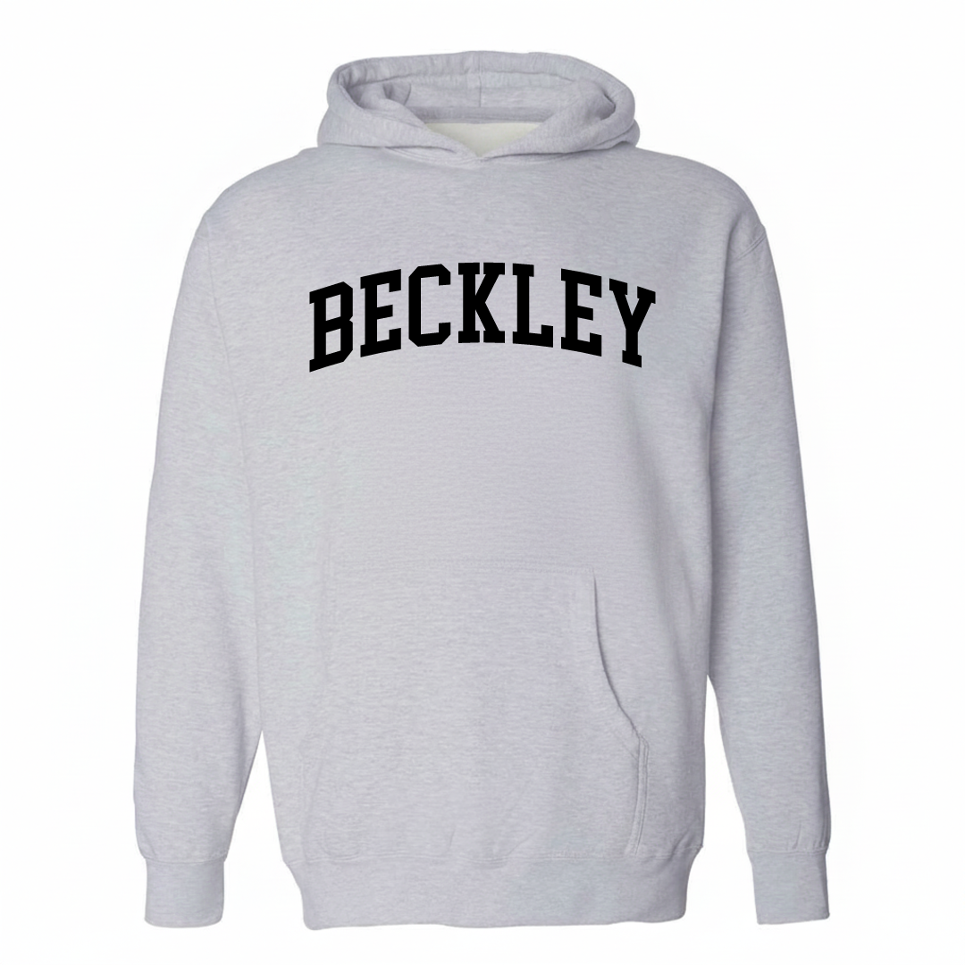 Heather-gray hoodie with the Beckley varsity arched lettering design on the chest.
