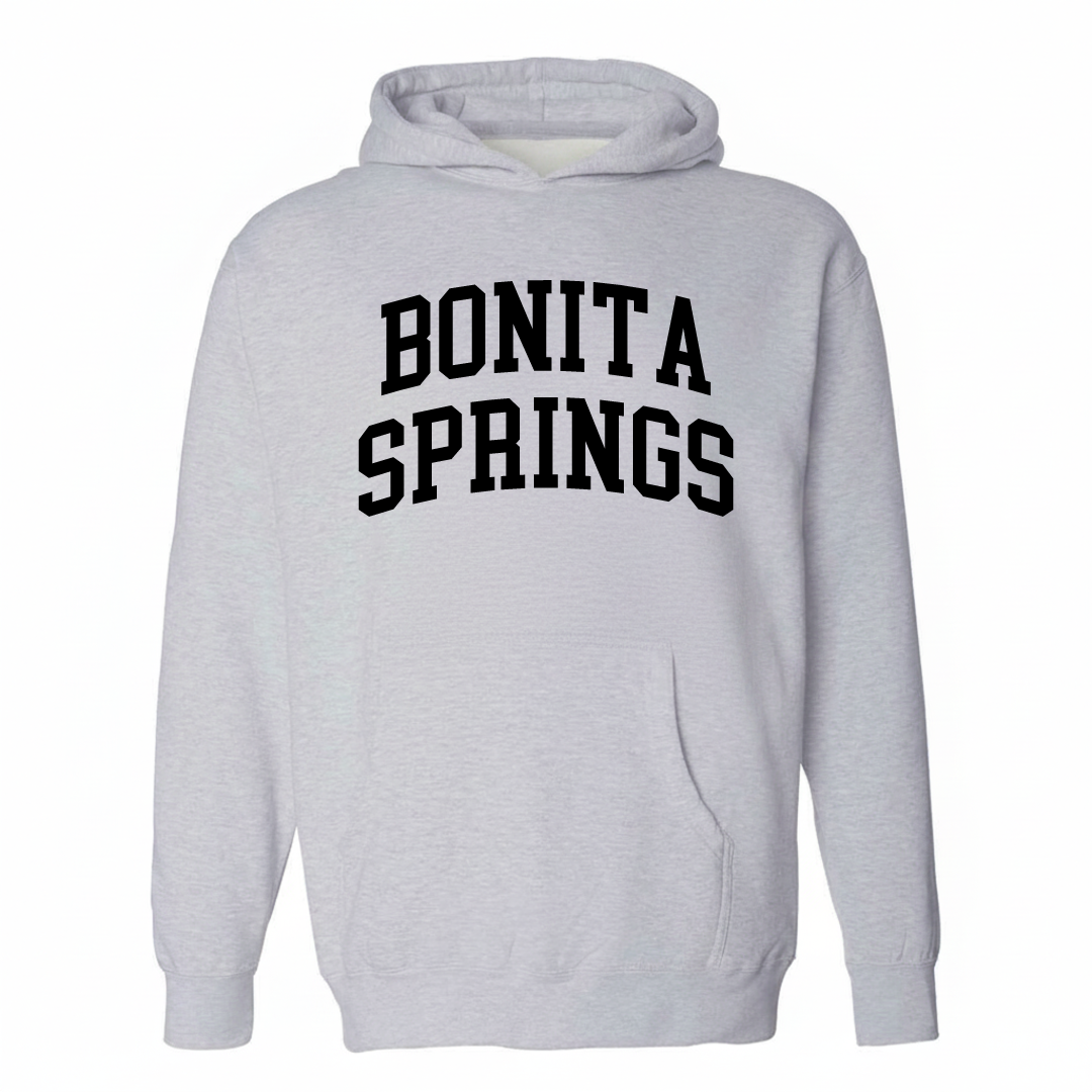 Heather-gray hoodie with the Bonita Springs varsity arched lettering design on the chest.