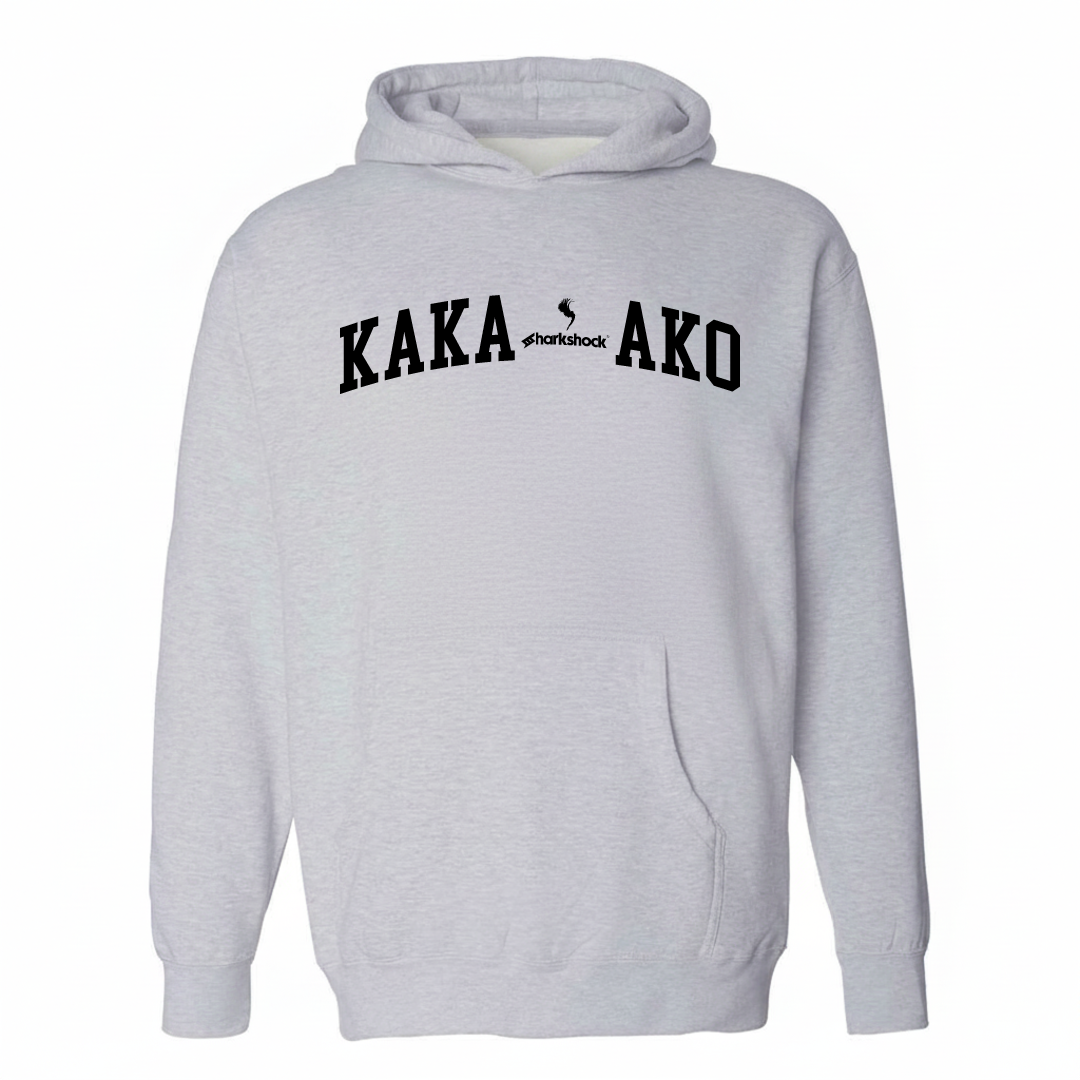 Heather-gray hoodie with the Kakaʻako varsity arched lettering design on the chest.