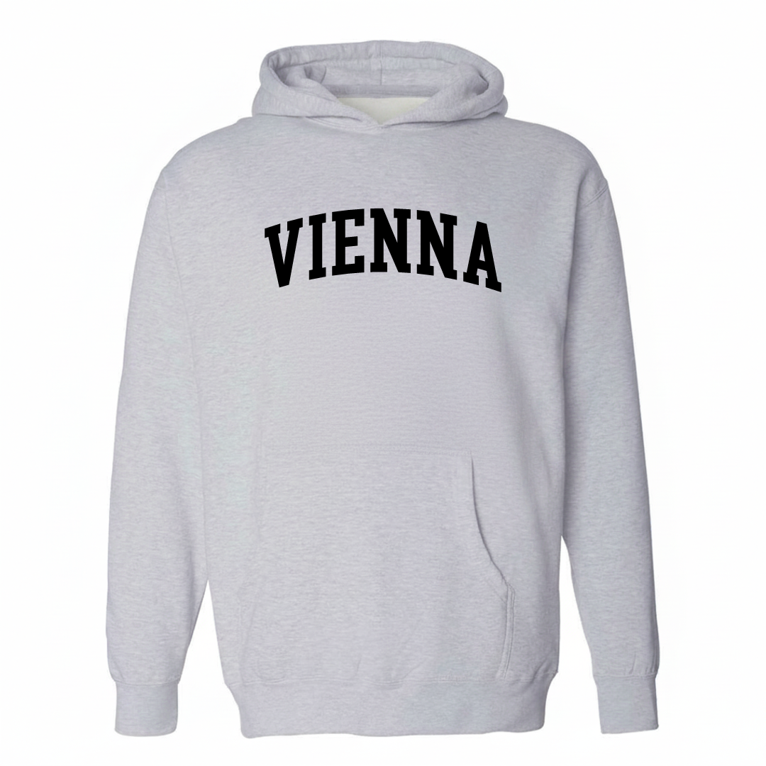 Heather-gray hoodie with the Vienna arched lettering varsity-collegiate design on the chest.