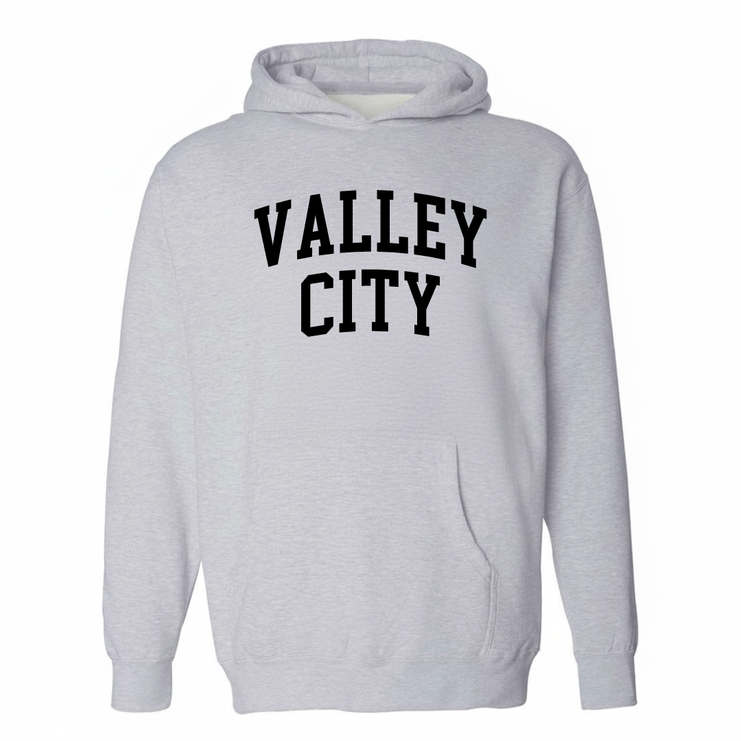 Heather-gray hoodie with the Valley City arched varsity lettering design on the chest.