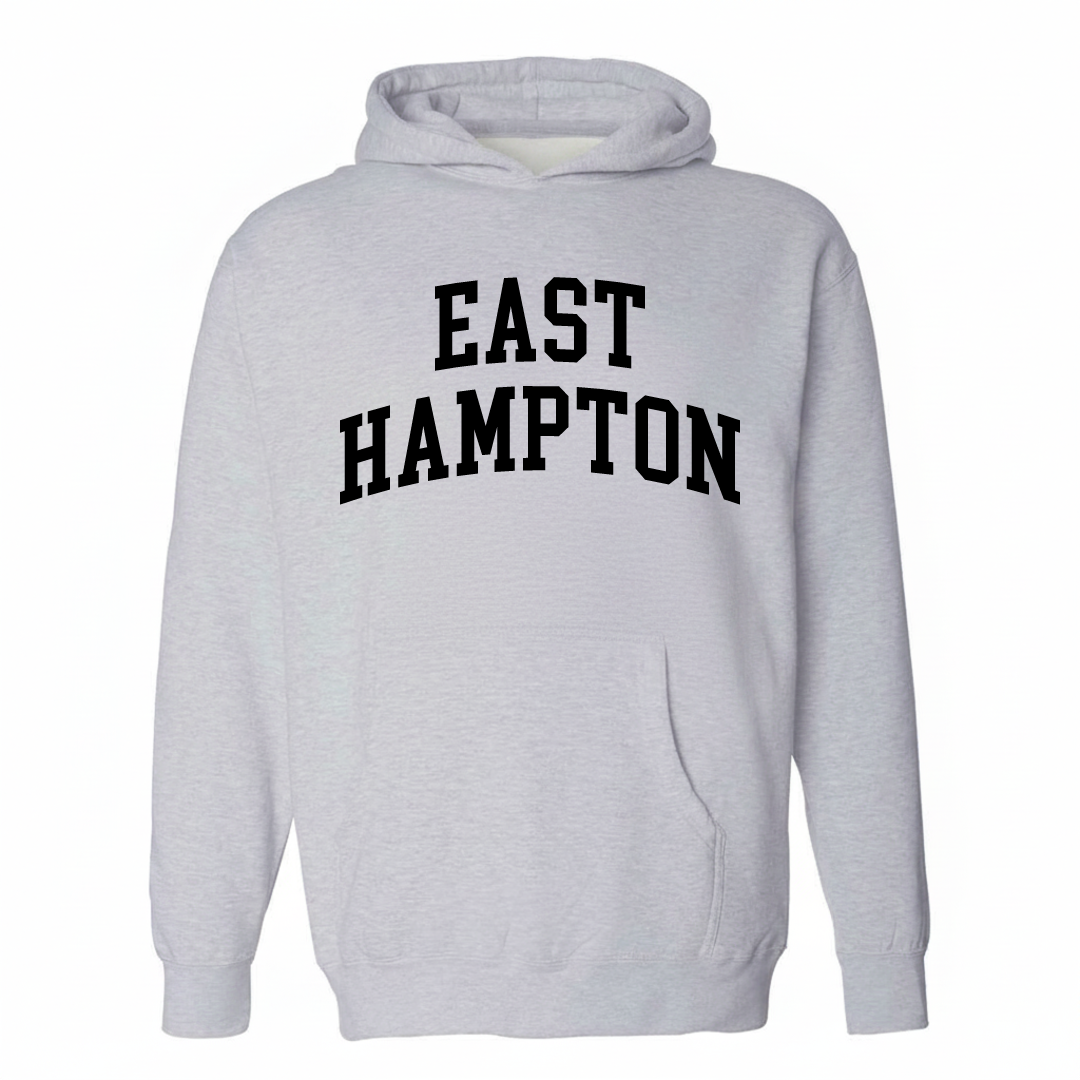 Heather-gray hoodie with the East Hampton arched lettering varsity-collegiate design on the chest.