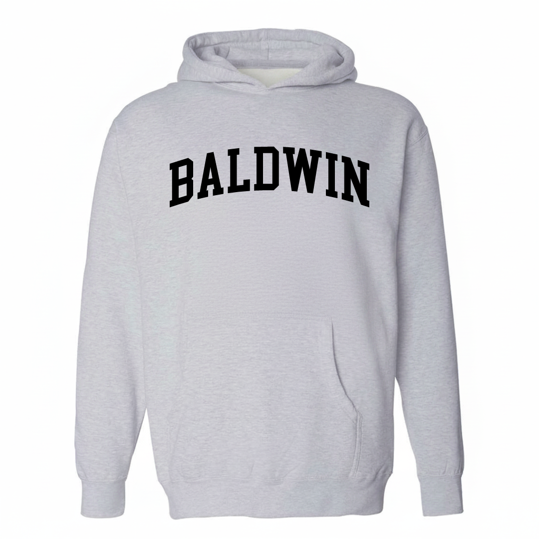 Heather-gray hoodie with the Baldwin arched varsity lettering design on the chest.