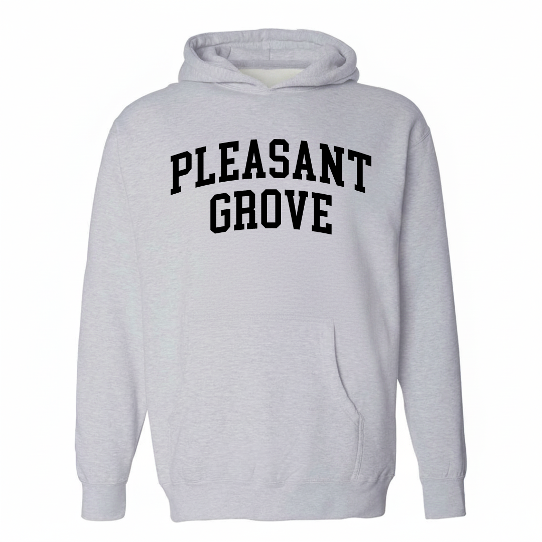Heather-gray hoodie with the Pleasant Grove varsity arched lettering design on the chest.